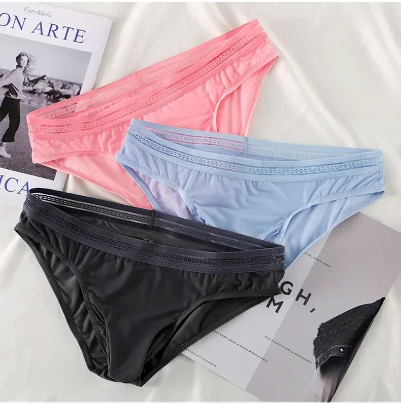 New Men's Ice Silk Briefs Ultra-thin Quick Dry High Elastic Lace Waistband Panties Sexy Seamless Breathable Bikini Underwear