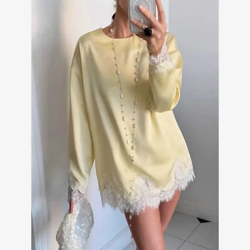 Kvinder Lyseblå Blonder Satin Rund Hals Kjole Elegant Side Slips Langærmet Blød Kort Kjole 2026 Daglig Ferie Fest Solkjole