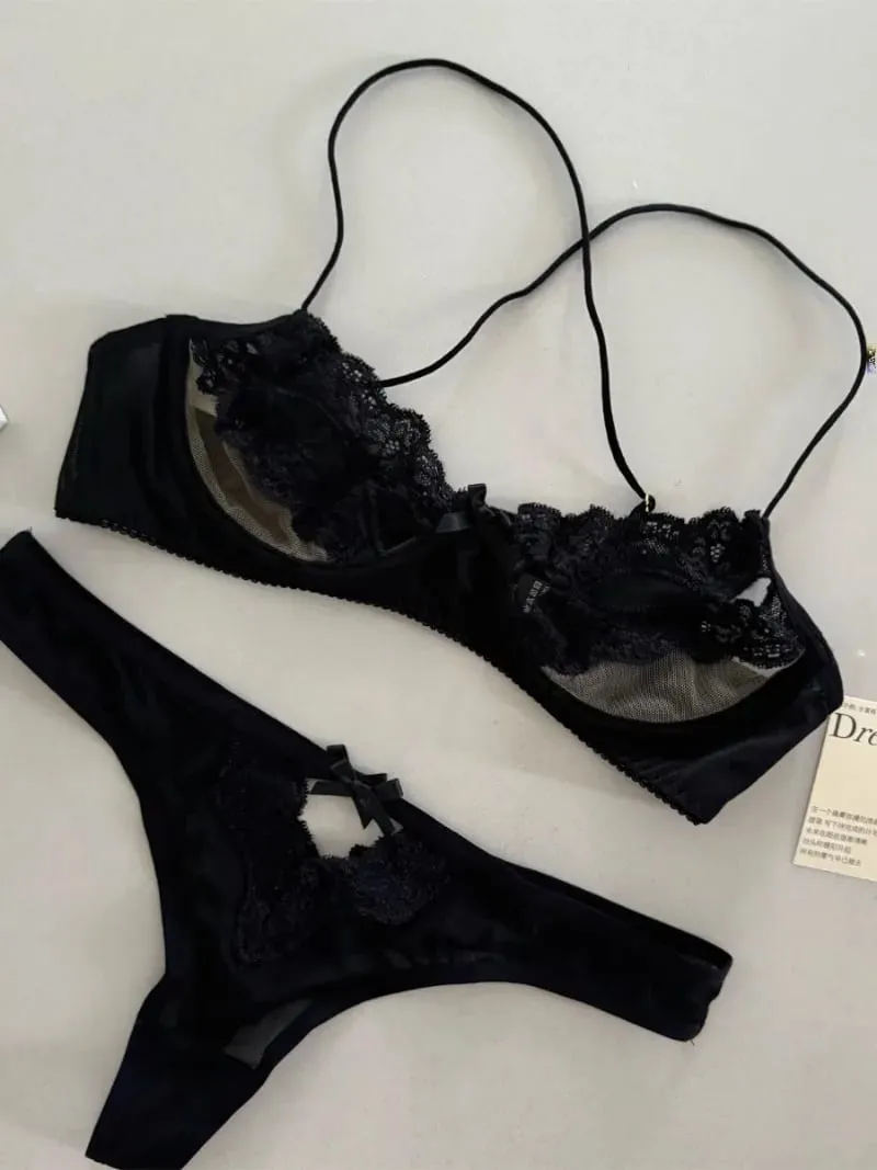 Franse Bh Ondergoed Set Uitgehold Verzamelen Boog Kant Half Cup Bh Vrouwen Sexy Lingerie Ultradunne Verleiding Erotische Hot Outfits