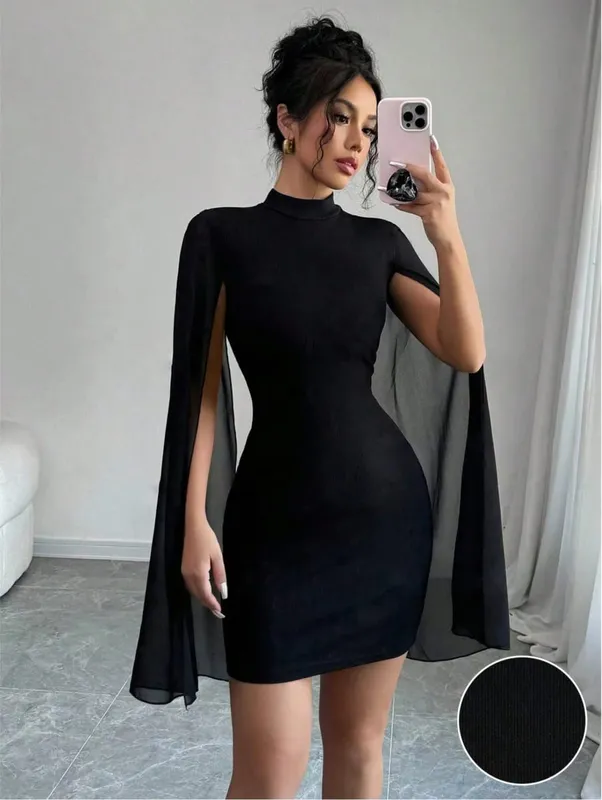 セクシーな女性用スタンドカラーケープミニドレススパークリングクラブパーティーナイ