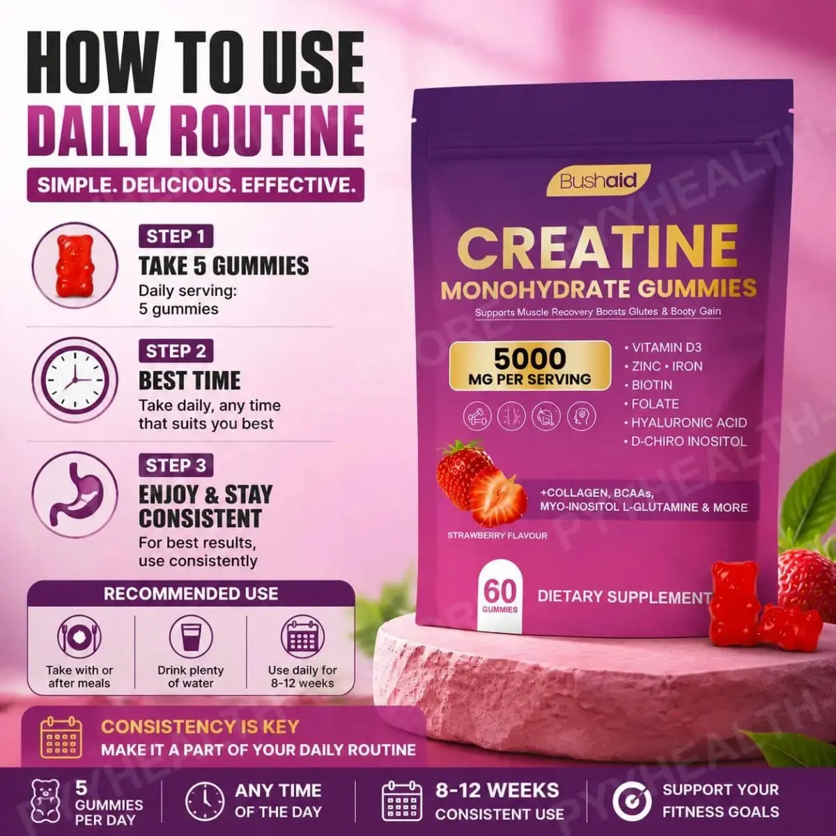 BushAid Creatine Monohydrate Gummies for Post-Workout Muscle Recovery with Multi-Collagen Blend BCAA and Zinc 60 Gummies