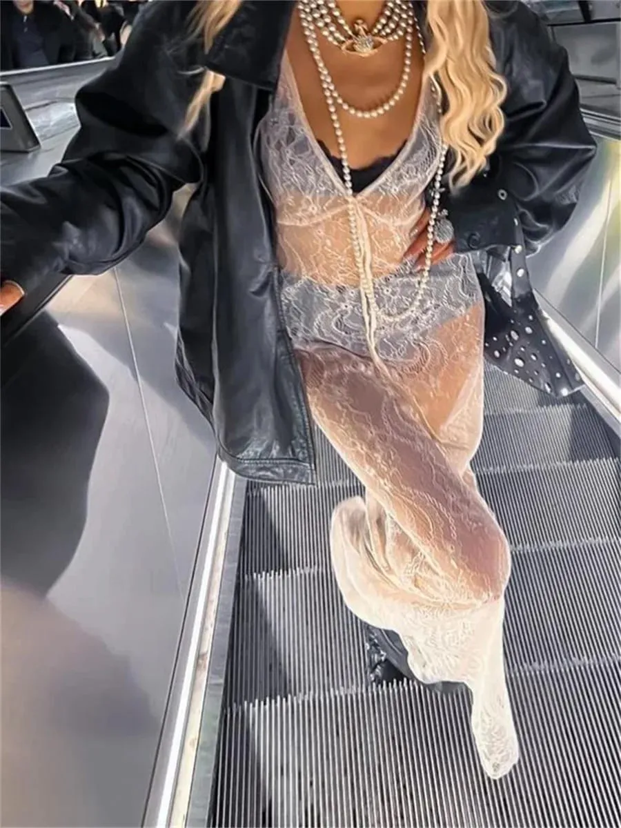 y2k Tøj Kvinders Sexet Gennemsigtig Blonde Blomster Ren Tank Kjole Sommer Ærmeløs V-hals Cover-up Lang Kjole Streetwear