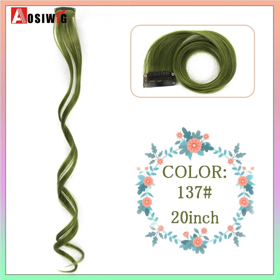 22" Synthetic Long Straight Rainbow Highlight Colored Hair Extensions Clip In One Piece Ombre Pink Purple Green Yellow For Wome