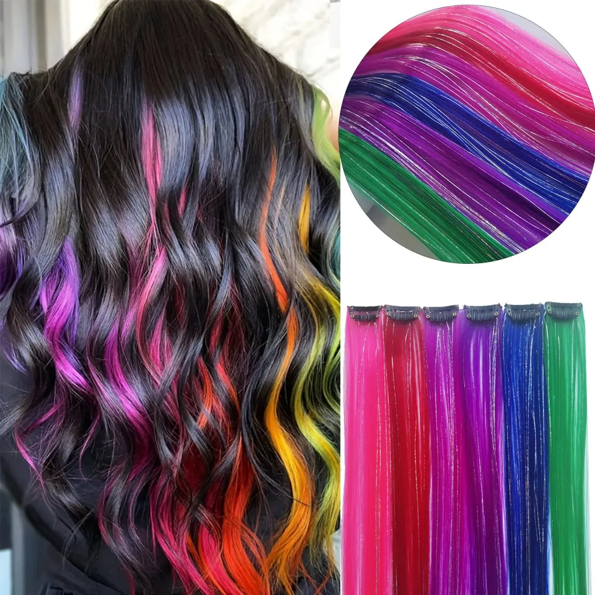 Multicolor Clip in Hair Extensions Mix tinsels Colored Hair Extensions 2 in 1 Rainbow Hair with Silver Tinsels for Kids Girls — image 1