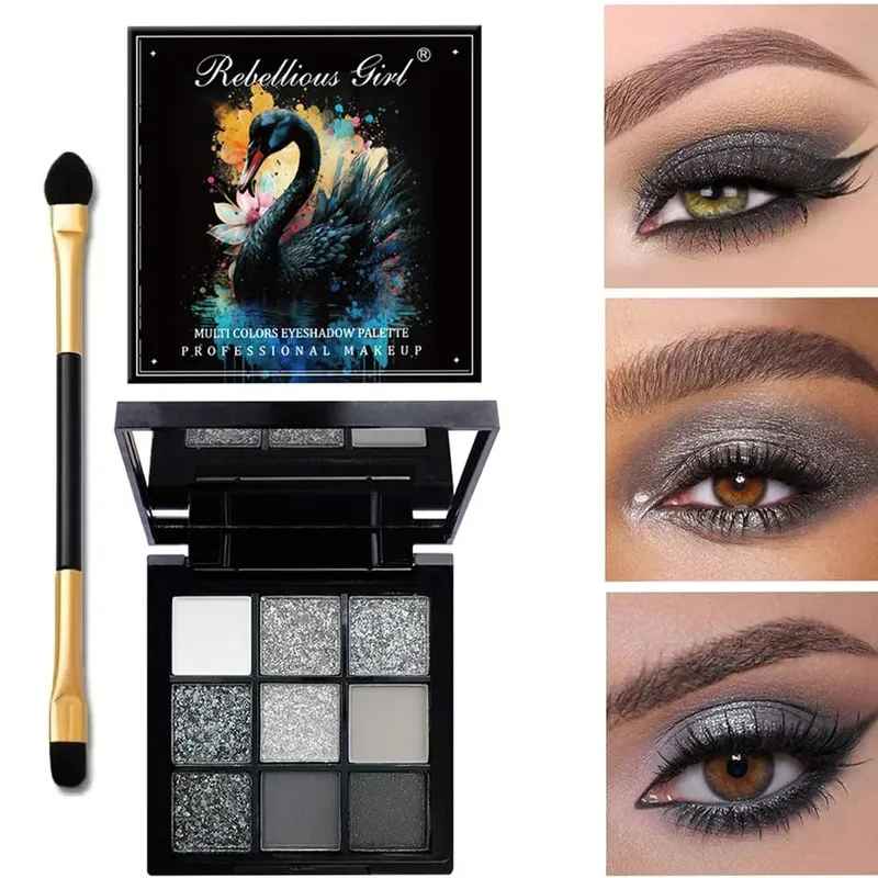 9 Colors Black Smoky Eyeshadow Palette with Holographic Glitter Sequins & Dual‑End Eyeshadow Brushes Halloween Party Makeup Kit