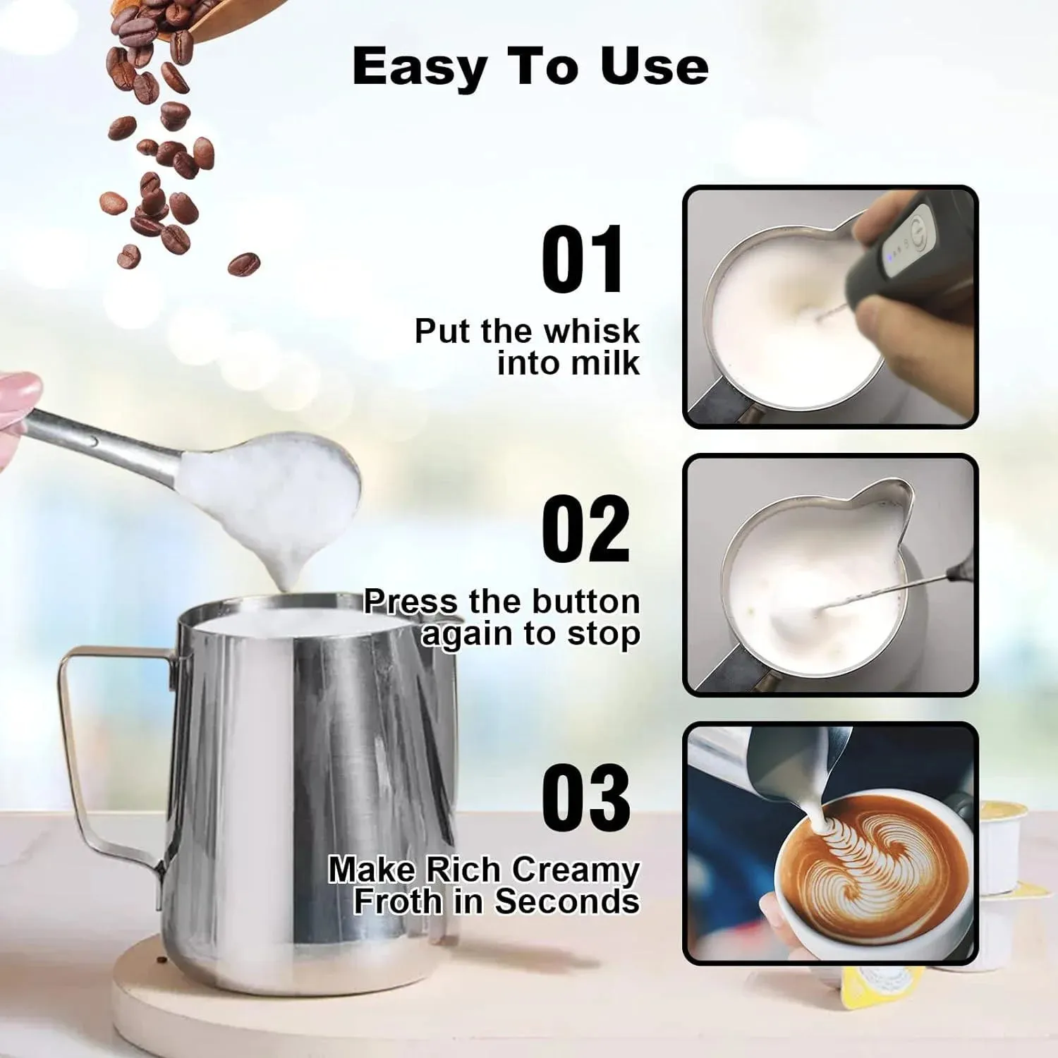 Milk Frother USB Rechargeable 3 Speeds Foam Maker Coffee Whisk Mixer Electric Handle Blender Egg Beater