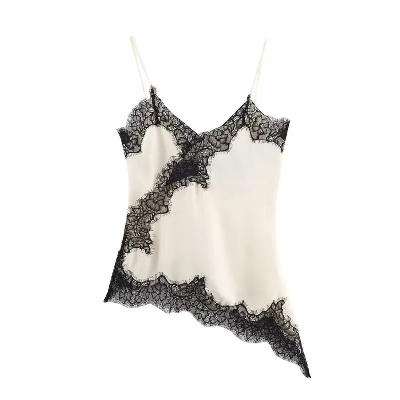 Bruin Satijn Kant Splicing Sling Jurk Vrouwen Elegante Onregelmatige Zoom V-hals Backless Mouwloze Jurk Chic Vrouwen Party Club vestidos