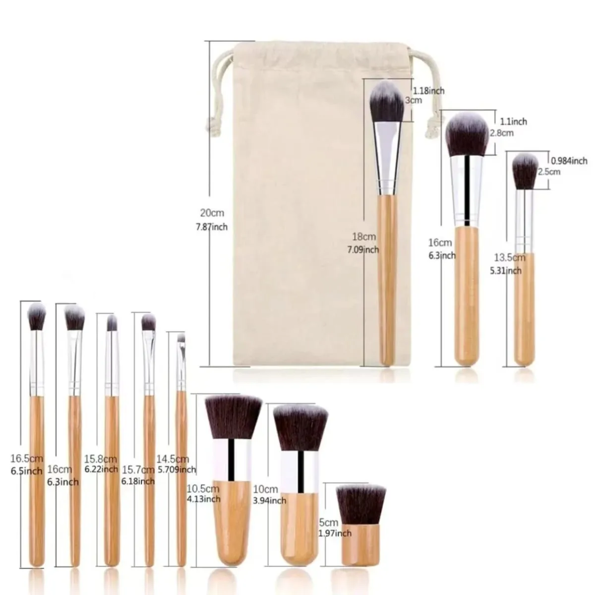 11pcs Natural Bamboo Handle Makeup Brushes Foundation Blending Make Up Tool Set With Cotton Bag — image 5