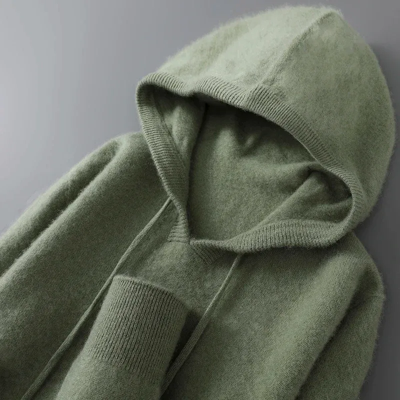 DjzDsm Herbst-Winter-Herrenpullover aus 100 % Merinowolle, dicker Kapuzenpullover, weiche Strickwaren, lässige, bequeme Wollkleidung, Oberteile