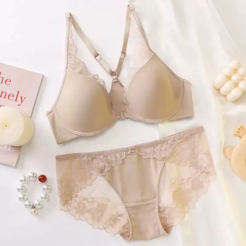 Bezešvá přední přezka Halter Podprsenka Měkká Kostice Tenká Letní Push Up Malé Zmenšení poprsí Velký hrudník Sexy spodní prádlo se zády 32-38 Set