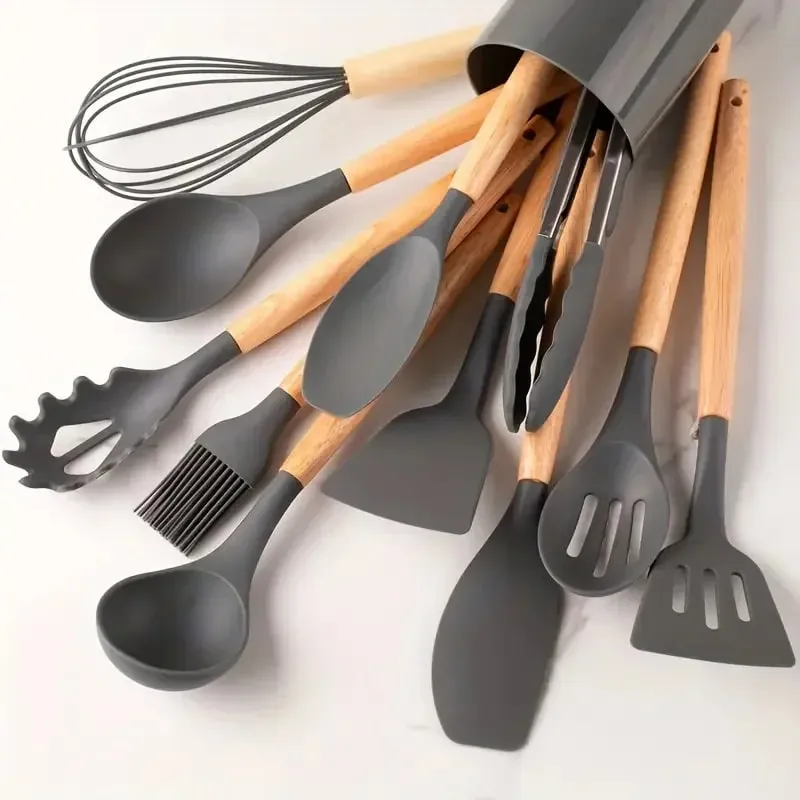 12pcs Set of Multi-color Silicone Wooden Handle Kitchenware Set Non Stick Pot Spatula and Spoon Cooking Utensils Heat-resistant