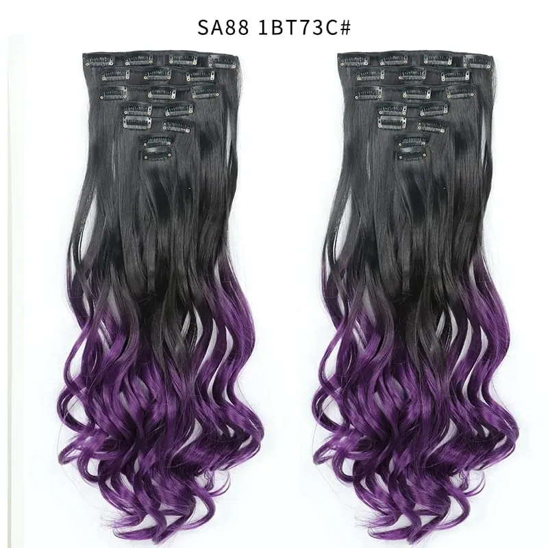 Clip in Long Wavy Synthetic Hair Extension 22 Inch Black 7PCS Thick Hairpieces Fiber Double Weft Hair for Women