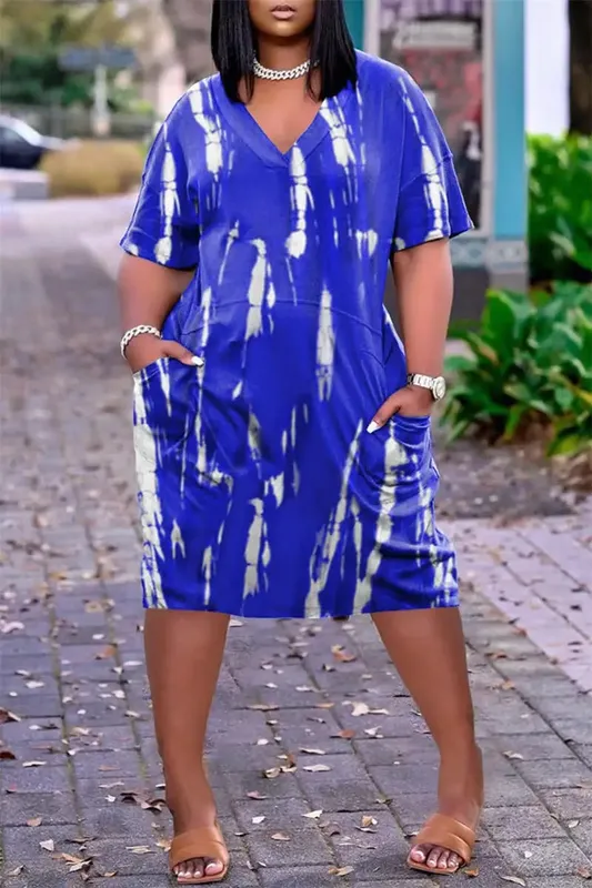 Tie Dye 3D Print Pocket Dress Colorful Women Short Sleeve Dresses Knee-length Boho V-Neck Vintage Female Woman Midi Party Dress
