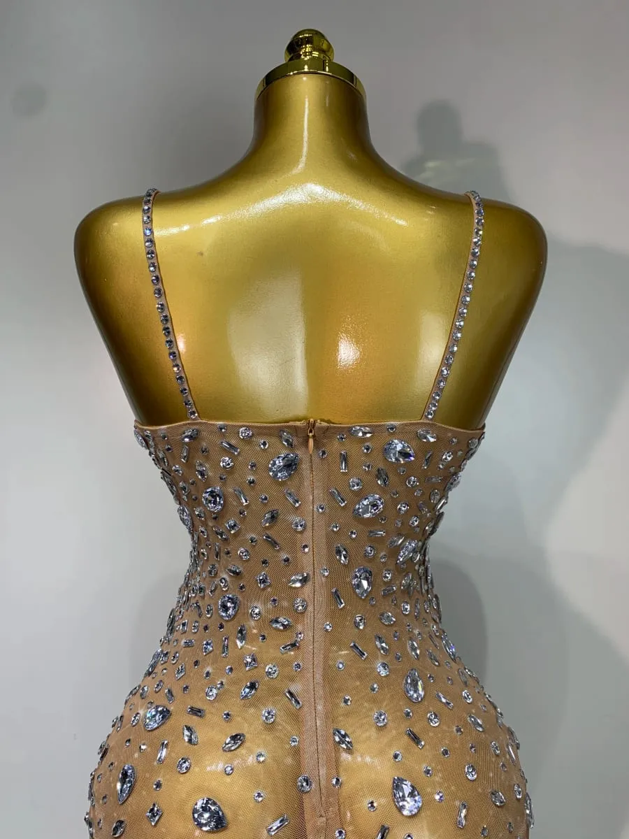 Luxury Rhinestones Sexy Mesh See Through Bodycon Dress Women Birthday Evening Cocktail party Gown Red Carpet Club Stage Outfit — image 6