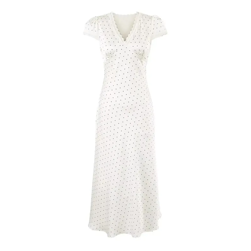 2025 vestidos con estampado de puntos rosas vestido MIDI de encaje de verano vestido Sexy con cuello en v para mujer vestido de noche de fiesta de manga corta
