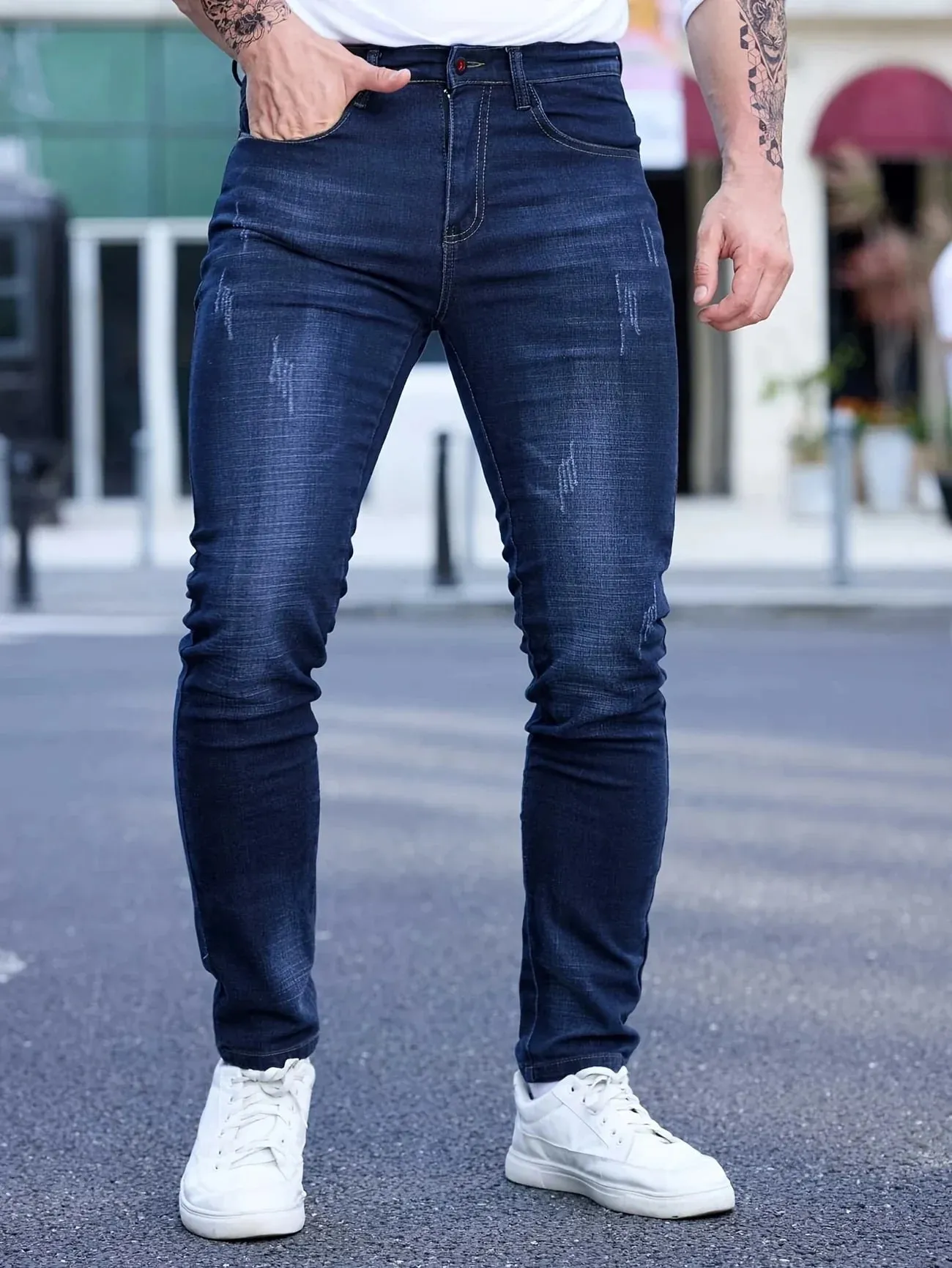 2025 Spring Autumn Men's Fashion Ripped Skinny Jeans Street Style Vintage Wash Solid Denim Casual Slim Fit Pencil Pants 28-36
