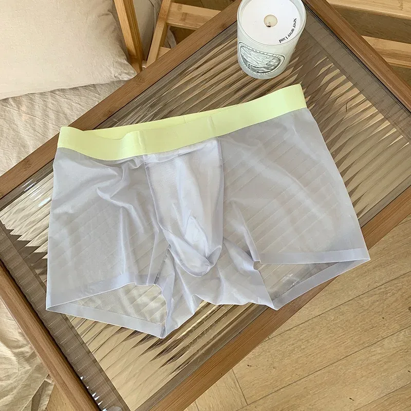 20D Ultra-thin Flat Boxers Shorts Quick Drying Mens Underwear Transparent Ice Silk Men's U Pouch Panties Seamless Mid Waist