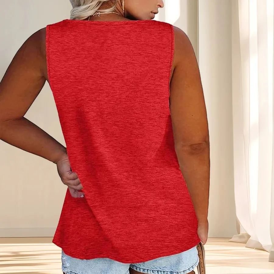 Women'S Plus Size Casual Tank Top with Button Detail - Sleeveless Solid Color Stretchy Fabric Crew Neck Oversized Fit for Su