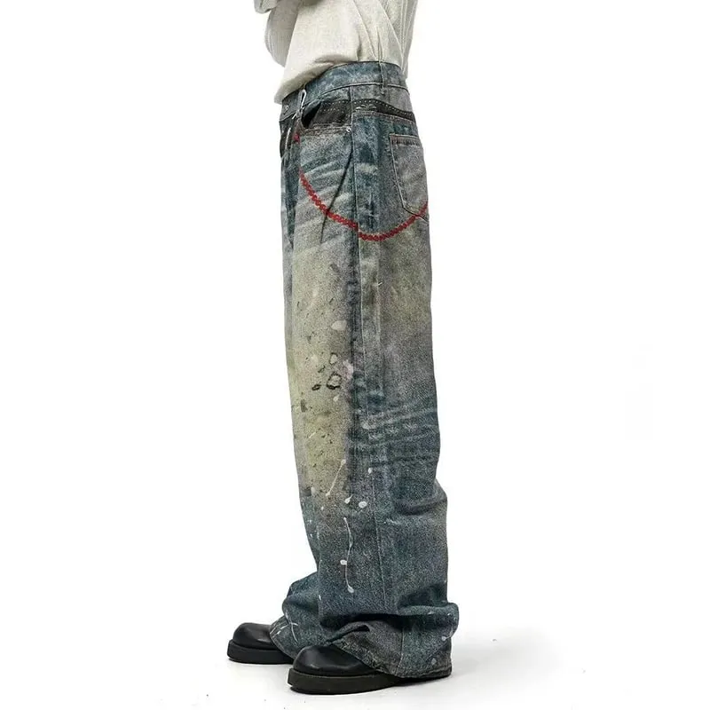 Niche Design Men's Denim Pants Chain Printing Contrast Color Splash-ink Casual Wide Leg Vintage Loose Male Jeans 9W4170