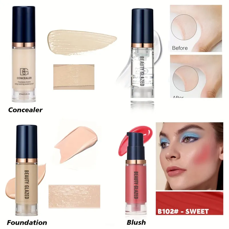 4Pcs Set Primer + Concealer + Liquid Foundation + Liquid Blush Matte Velvet Waterproof Foundation Blush Makeup For Travel — image 10