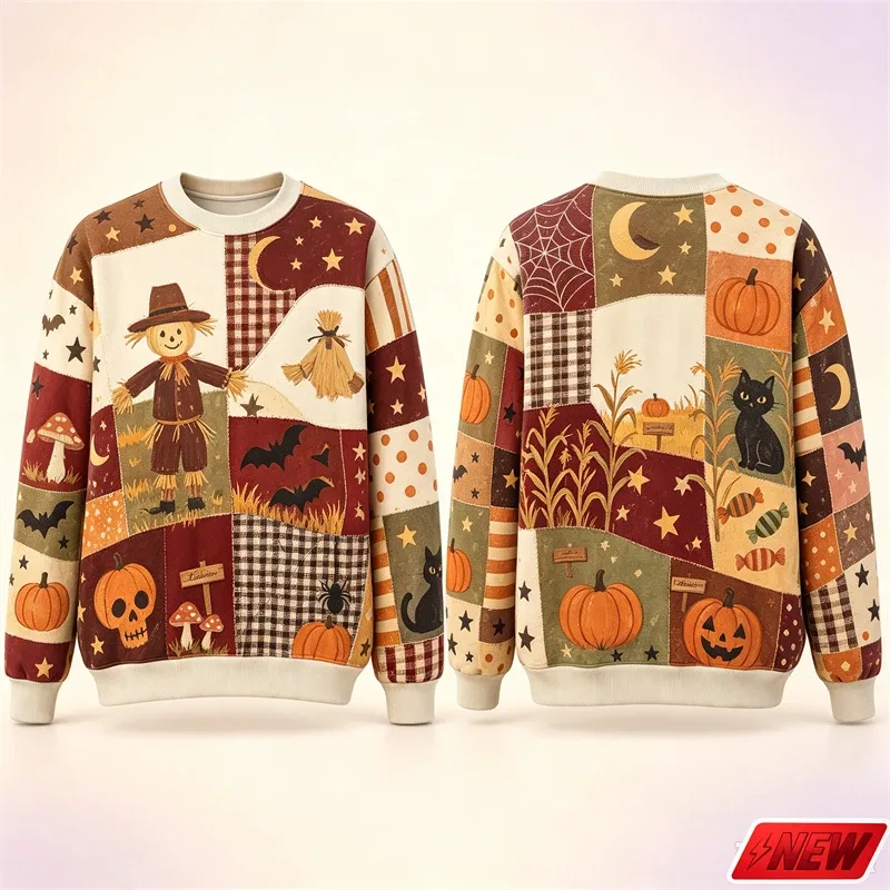 Halloween Splicing Patterns Sweatshirt Herr 3D Print Pumpa Cat Långärmad Pullover Hoodie Quick Dry Holiday Costume Top Unisex