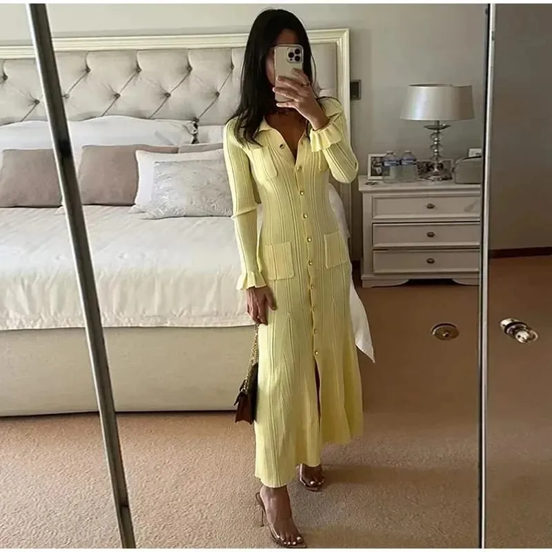 Elegant Knit Ribbed Single Breasted Long Dress Women Slim Lapel Flare Sleeve Pockets Female Dresses Autumn Lady Solid Robes