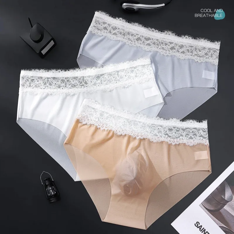 Lace Edge Ice Silk Men's Triangle Pants Traceless Breathable Thin Men's Underwear Low Waist Soft Seamless Comfort Male Briefs