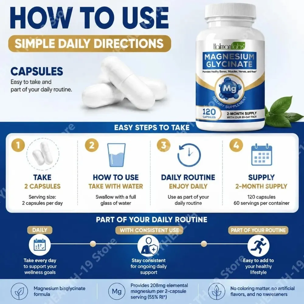 Cápsulas de glicinato de magnésio com 208mg de bisglicinato elementar para suporte ósseo, muscular e nervoso saudável, adultos 120 cápsulas — image 6