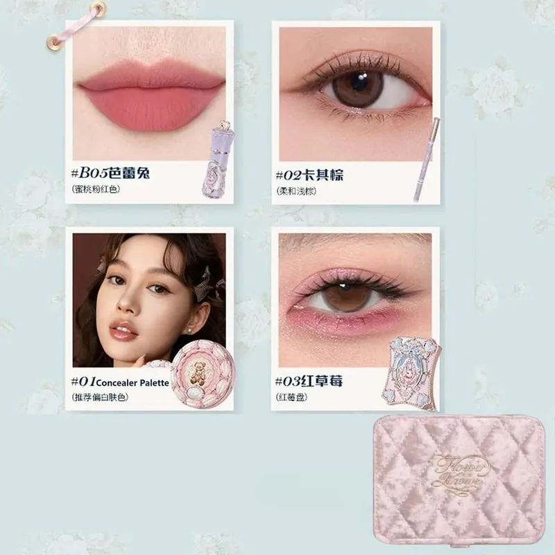 Flower Knows Makeup Gift Set for Women Shimmer Eyeshadow Palette Full Coverage Concealer Gel Eyeliner & Lipstick Cosmetic Kit