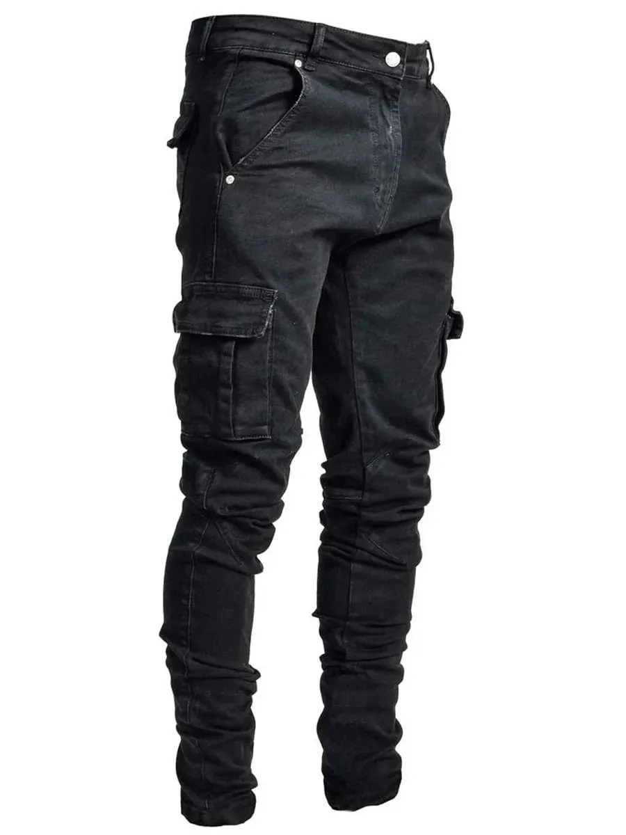 2026Jeans Men Pants Wash Solid Color Multi Pockets Denim Mid Waist Cargo Jeans Plus Size Fahsion Casual Trousers Male Daily Wear