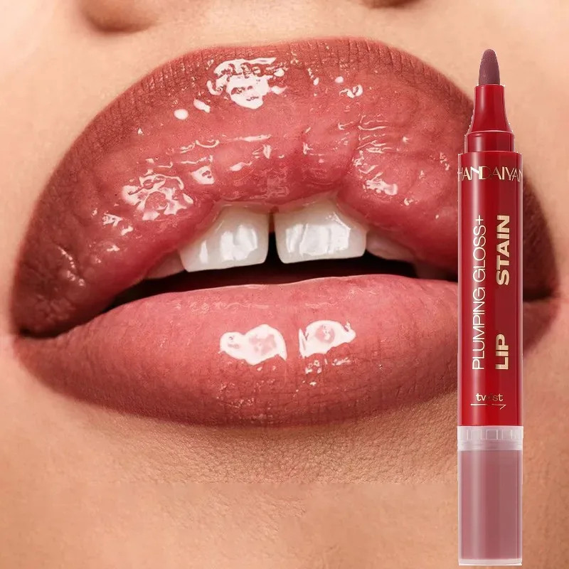 Double-headed Liquid Lip Gloss Pen Lip Contour Liner Oil 2 in 1 Lip Glaze Long Lasting Moisturizing Plumping Lips Stain Makeup
