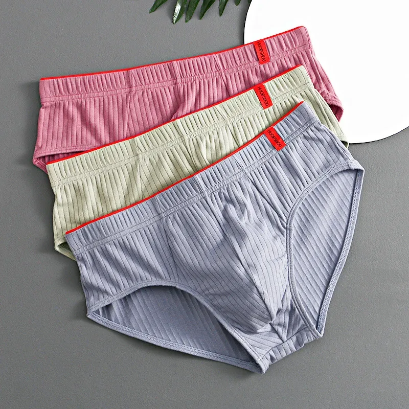 1/3 pçs cuecas masculinas meados de cintura elástica macia respirável anti-séptico u convexo listrado cor sólida casual cuecas masculinas