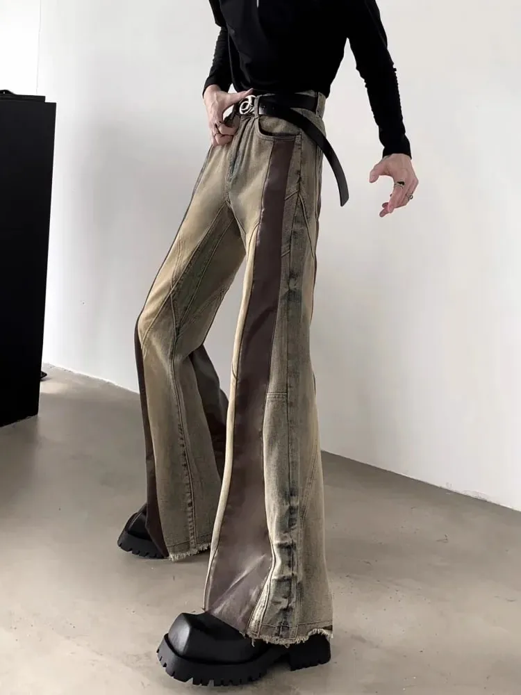 Trashy Y2K 2000S Pu Leather Patchwork Slim Flare Jeans Pants For Men 90S Vintage Clothes Colorblock Denim Trousers Moda Hombre