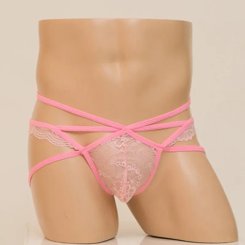 Sous-vêtements Sexy en string pour hommes, jouet transparent pour Lingerie en dentelle, poche bombée, taille basse, culotte d'été pour hommes