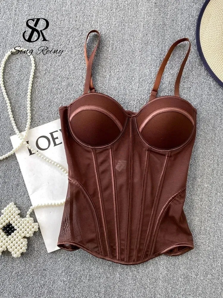 2026 Luxury Mesh Corset Camisole Women Strap Solid Lingerie Top Summer High Quality Tummy Control Sheer Party Tank Top