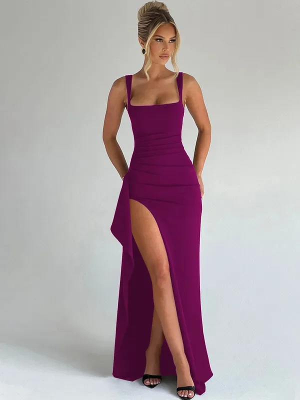 Hugcitar Women Elegant Solid Straps Slit Ruched Patchwork Sexy Bodycon Maxi Dress Summer Outfits Evening Party Birthday Festival