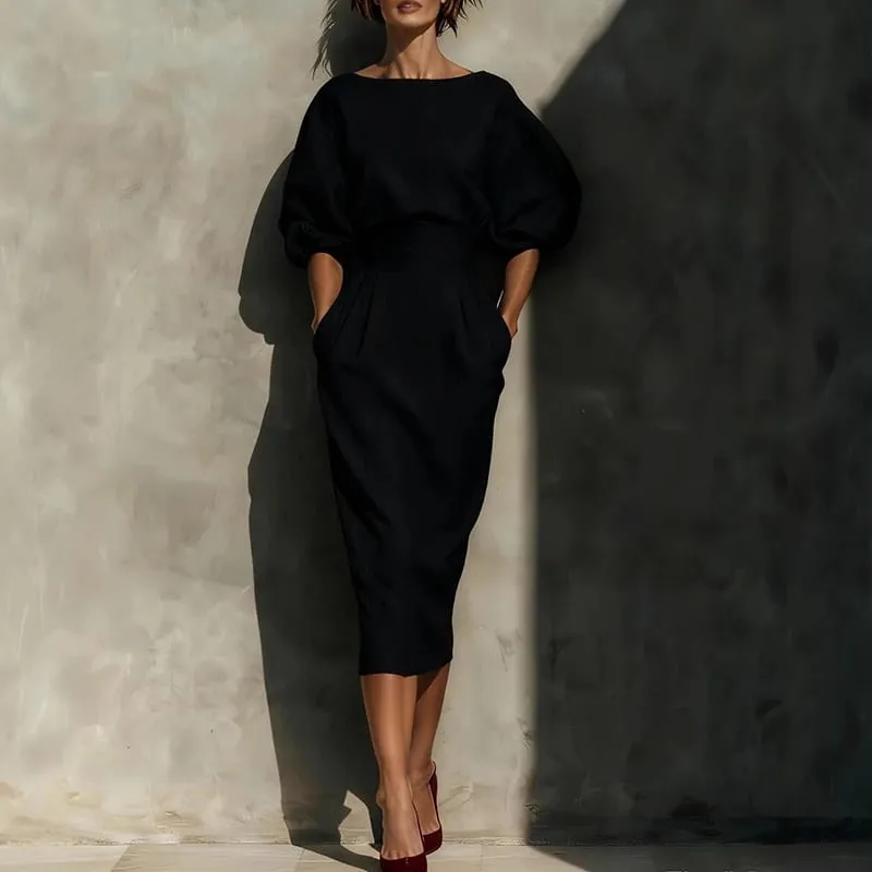 A-lien – robe de soirée élégante, couleur unie, décontractée, col rond, manches lanternes, poches, tempérament, taille haute, plissée, portefeuille aux hanches