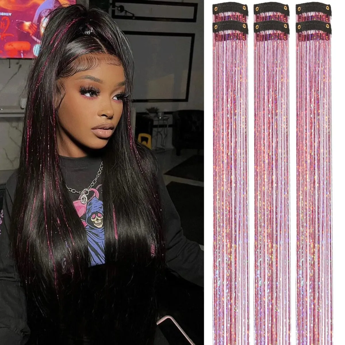 6/12Pas Synthetic Hair Tinsel Clip in 20Inch Glitter Tinsel Hair Clip in Hair Tinsel Kit Heat Resistant Shiny Sparkle Fairy Hair — image 2