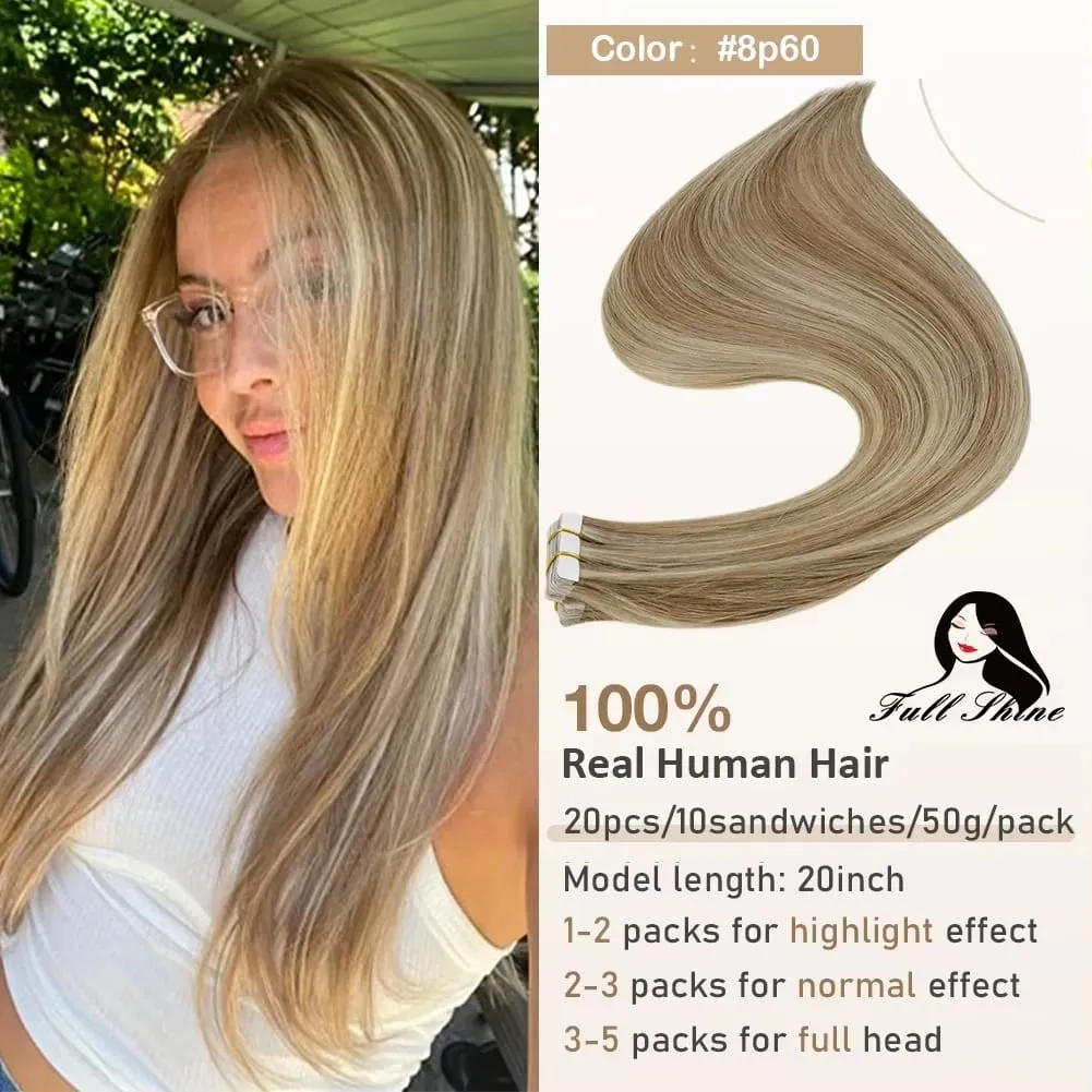Full Shine Tape hajhosszabbításhoz 20 db Skin Weft Remy Straight Hair Ragasztó brazil hajra nőknek — image 12