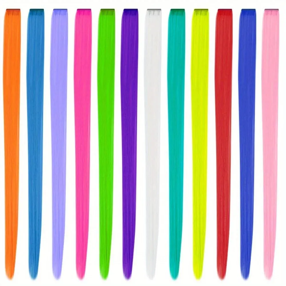 12pcs/pack Rainbow Colored 22 Inch Clip-in Hair Extensions Long Straight Synthetic Hairpieces for Women Girls Party Highlights — image 5