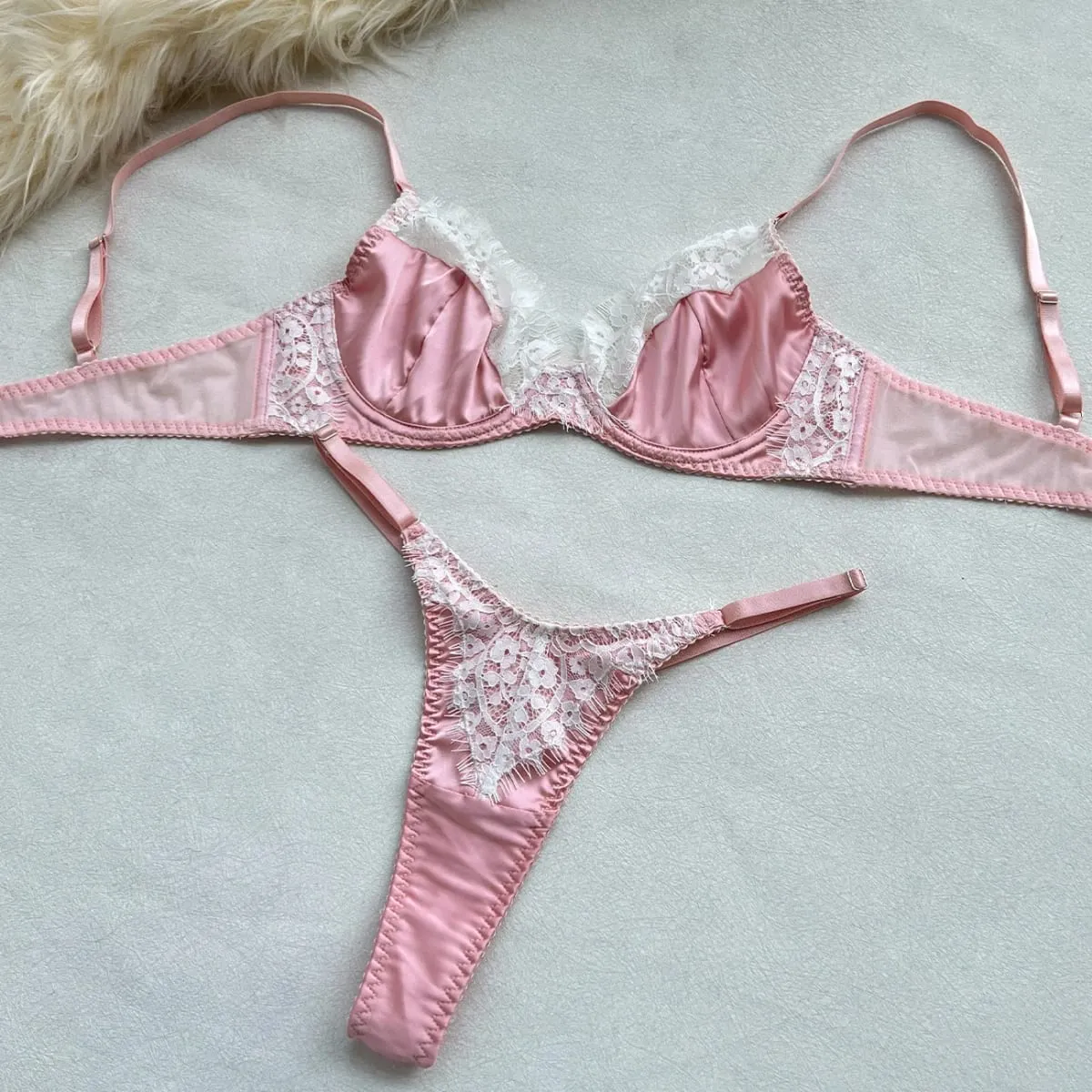 Ellolace conjuntos de lingerie feminina romântica coquette cetim renda sutiã tanga 2pc magro sensual quente traje doce juventude roupa interior da menina