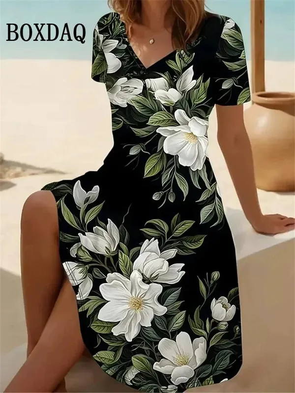 Vintage Summer Dress Women's V-Neck Flowers Printed Casual Beach Vacation Short-Sleeved Dress Loose Women Plus Size Dresses 6XL — image 5