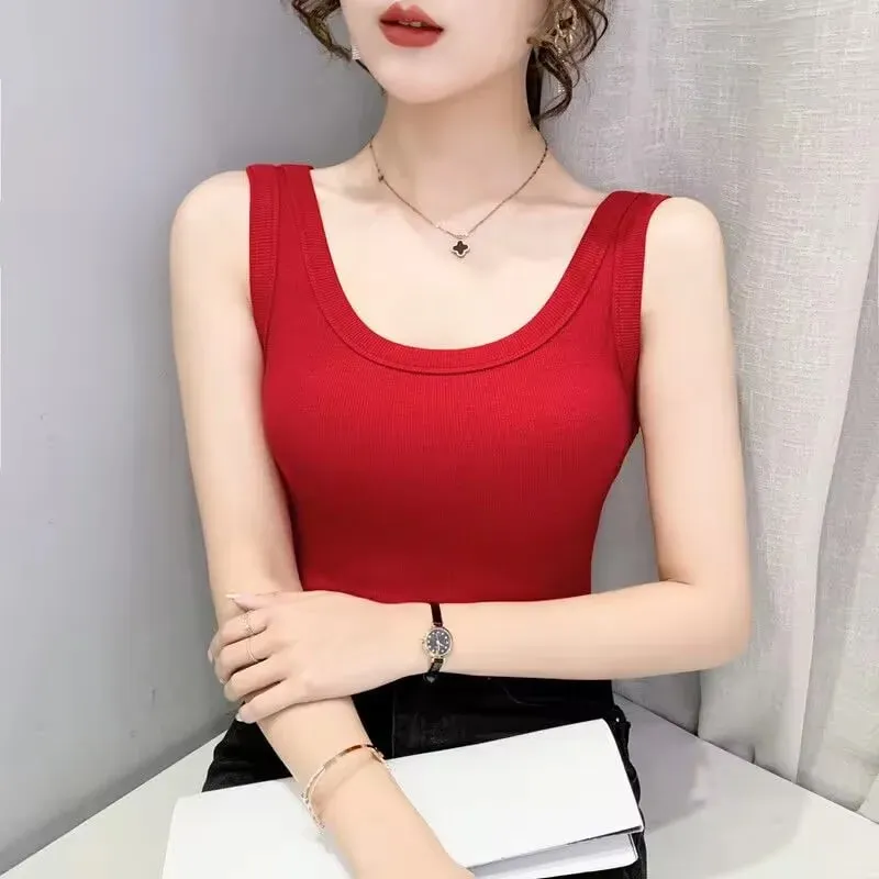 2023 Summer Women Basic Ribbed Knitted Tank Top Solid Color Sleeveless T-shirts Casual Camis Green Blue Elastic Female Tops