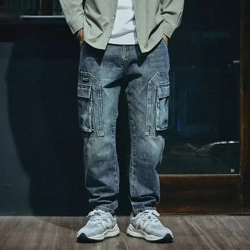 Denim Pant Men Jeans Vintage Wash Cargo Long Pants Loose High Waist Straight Trousers Pocket Y2k Streetwear Elegant Casual 2026