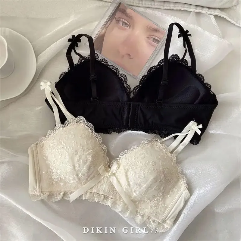 Ensemble de soutien-gorge brodé en dentelle, Sexy, avec petite poitrine froncée, accessoire de Collection, seins sans jantes en acier, ensemble de sous-vêtements