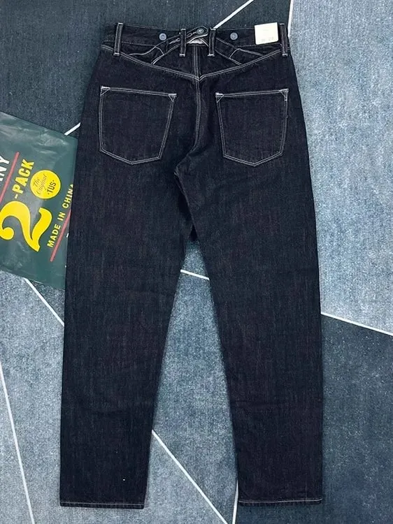 100% Cotton Back Paris buckle Spring Black Straight Jeans for Men American Retro Style Casual Japanese Slim Tapered Long Pants