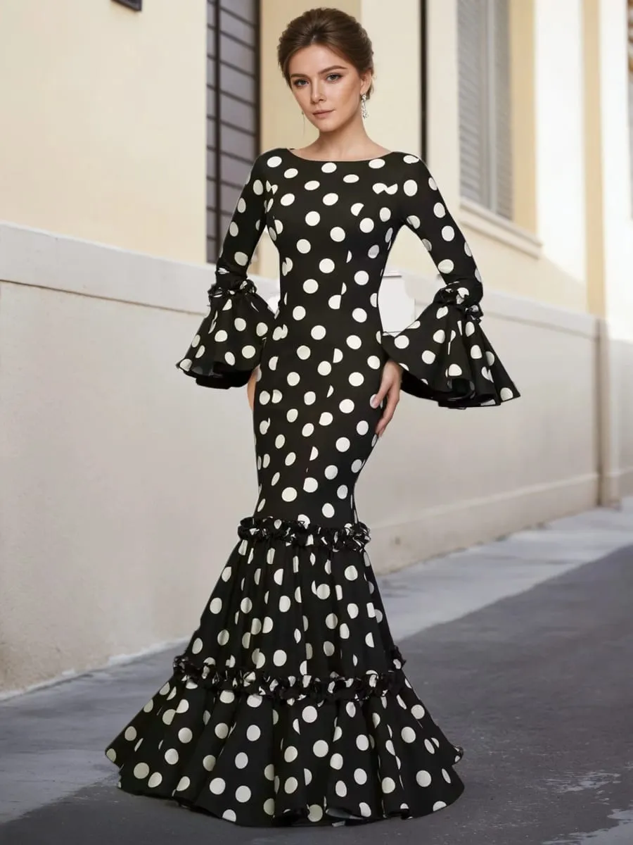 Elegant Party Long Dress Women Polka Dot Printed Ruffle Hem Sundress 2026 Bohemian Casual O-neck Flare Sleeve Slim Maxi Robe