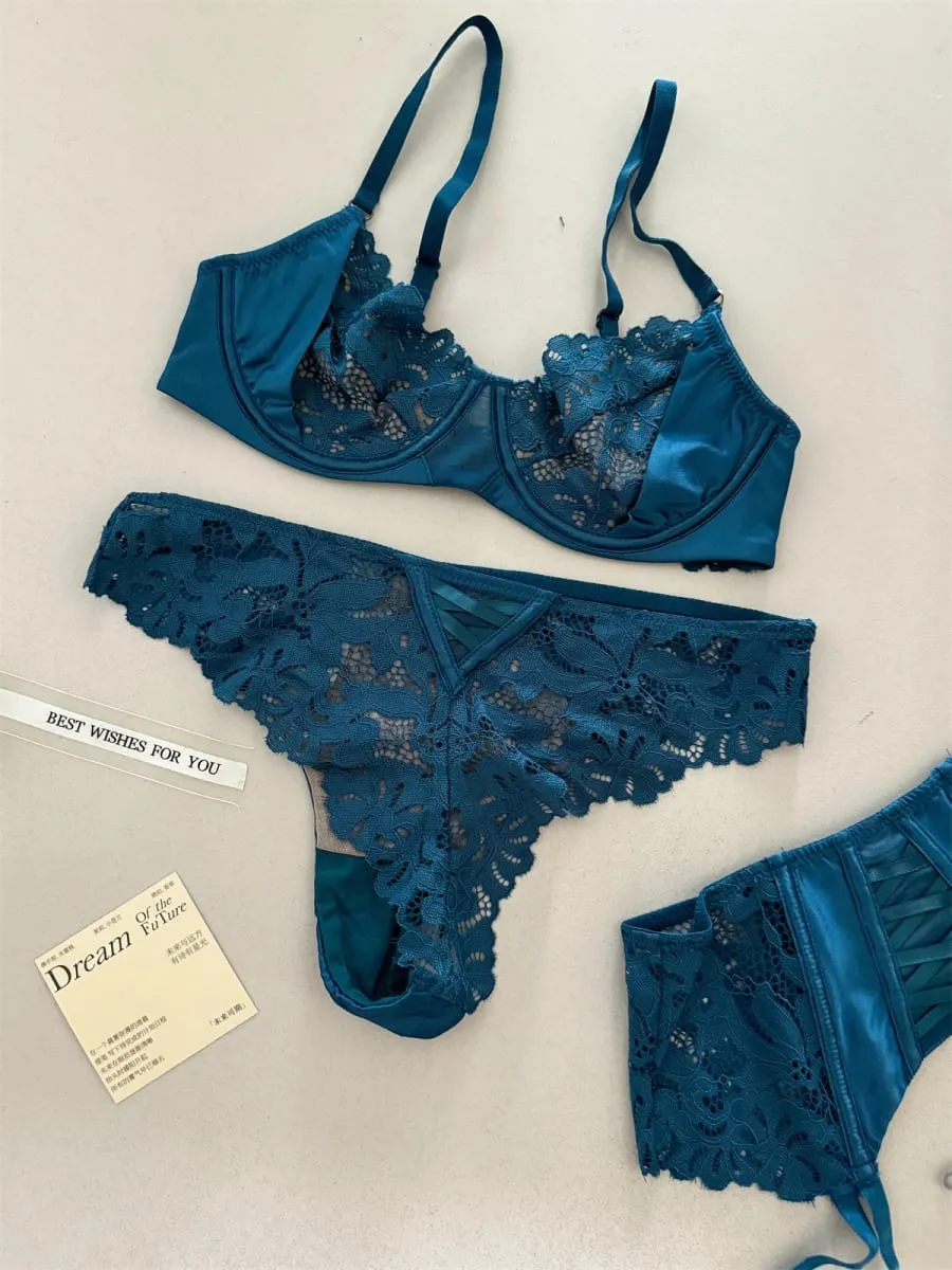 Satin three-piece thin section lingierie large breast underwear sexy lace bra breathable blue temperament underwear set