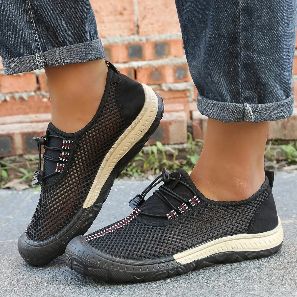 Sapatos masculinos de malha oca com alternância rápida, tênis para caminhada com listras e costura, touca de borracha grossa envolta em sapatos casuais para uso ao ar livre