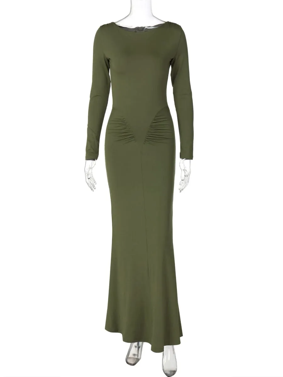 Hugcitar Autumn Solid Long Sleeve Draped Sexy Bodycon Maxi Prom Dress Women Fashion Y2K Outfits Evening Party Festival Club